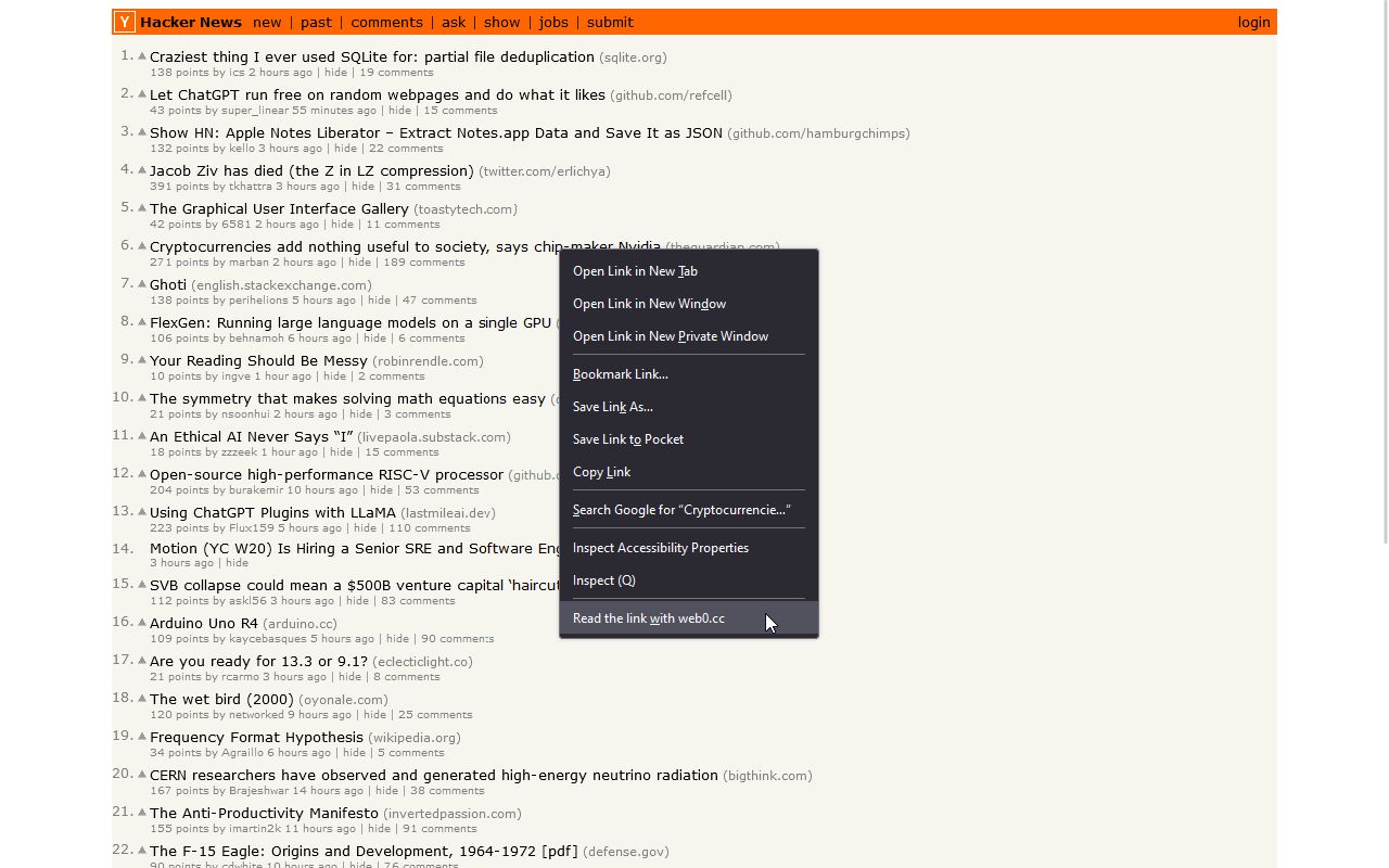 A screenshot of the 'web0.cc' extension's features